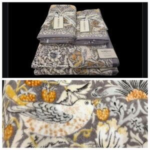 6pc Morris & Co Strawberry Thief Bird & Floral Velour Bath Hand Tip Towel Set